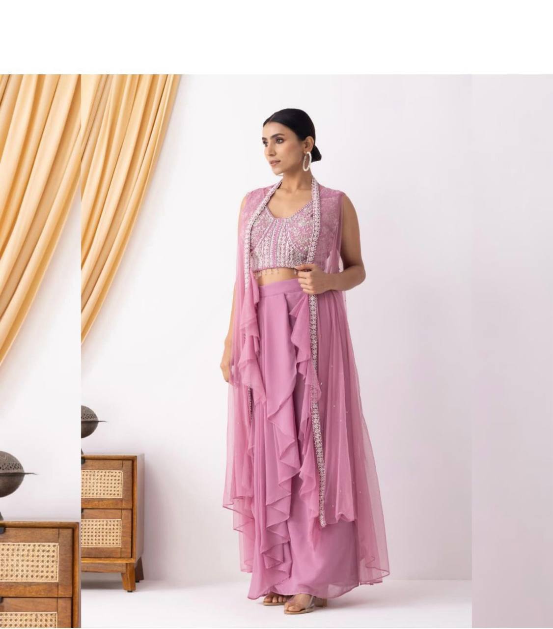 Trendy 3-Piece Western Dhoti Set with Embroidered Blouse & Koti – Perfect for Wedding Season