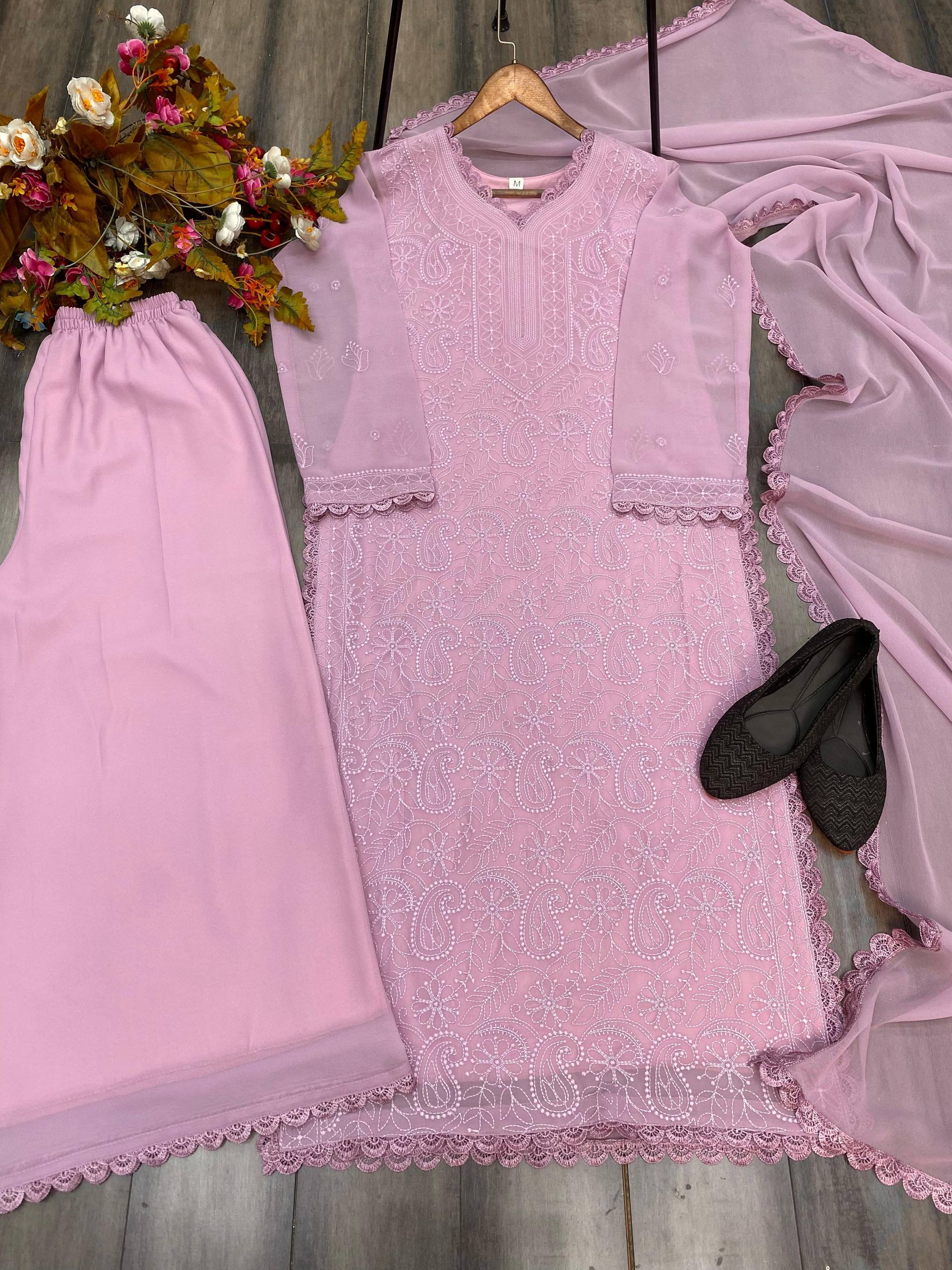 Trending Faux Georgette 3-Piece Set with Cotton Thread Embroidery & GPO Lace