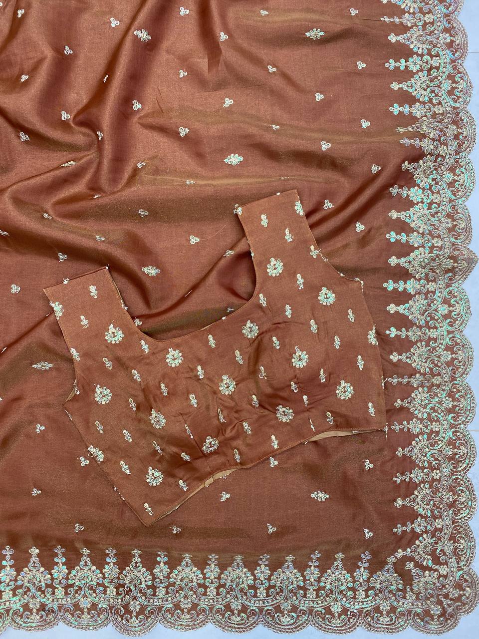 Designer Bridesmaid Saree in Cosmos Fabric with Heavy Sequence Embroidery & Cut Work | Ready-to-Wear Blouse
