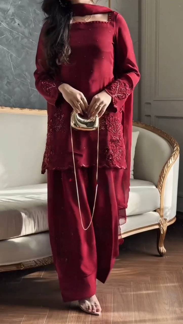 Trending 3-Piece Farsi Salwar Suit in Crepe Silk with Sequence Embroidery