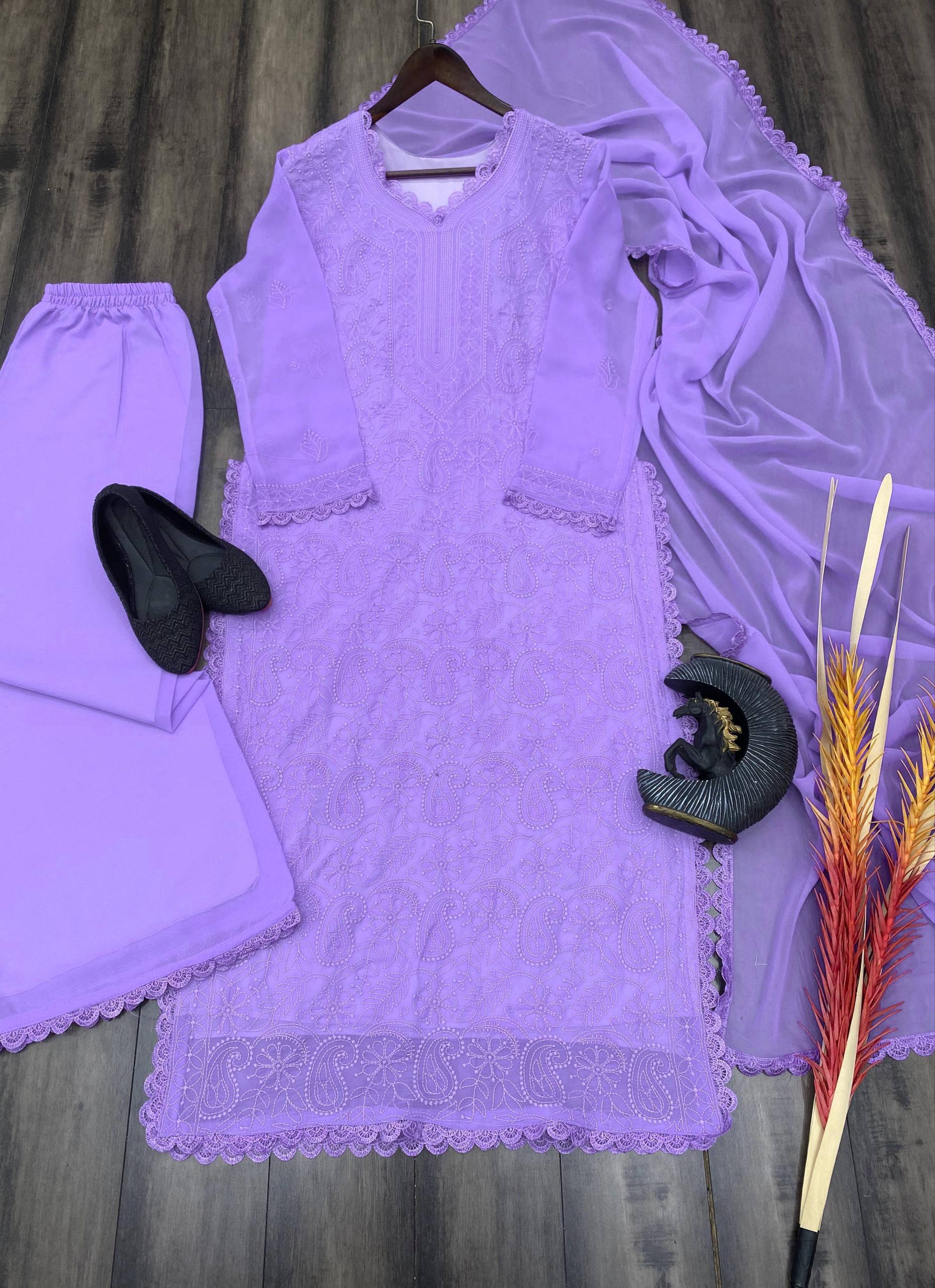 Trending Faux Georgette 3-Piece Set with Cotton Thread Embroidery & GPO Lace