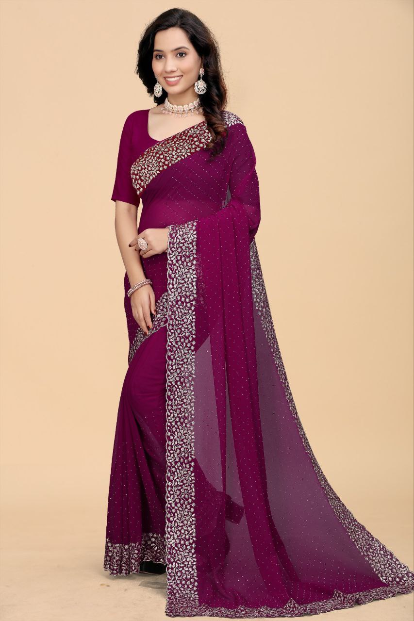 Magenta Georgette Saree with Embellished Border