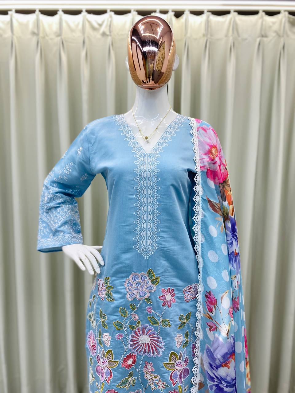 Premium 3-Piece Farsi Salwar Suit in Roman Silk with Heavy Embroidery & Organza Dupatta