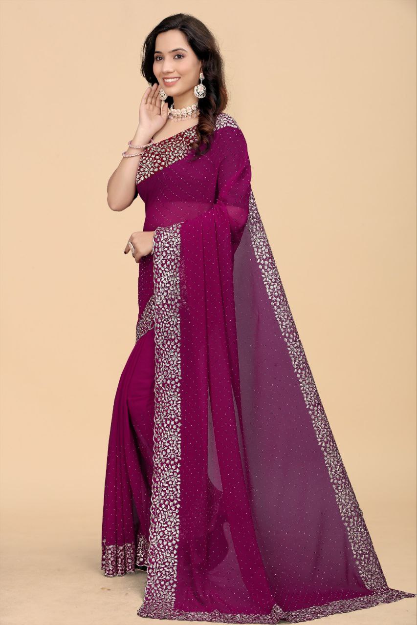 Magenta Georgette Saree with Embellished Border