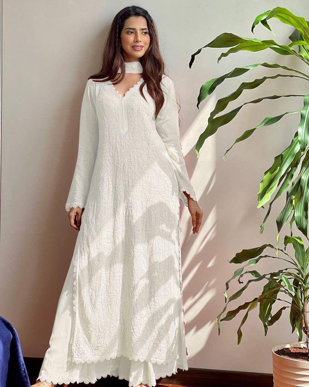 Trending Faux Georgette 3-Piece Set with Cotton Thread Embroidery & GPO Lace