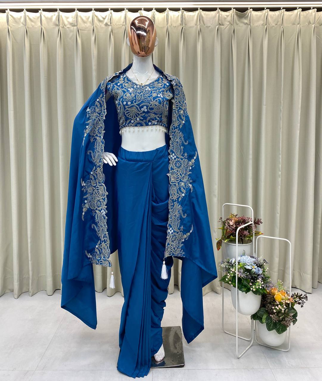 Indo-Western 3-Piece Draped Dhoti Set with Embroidered Blouse & Koti | French Crepe