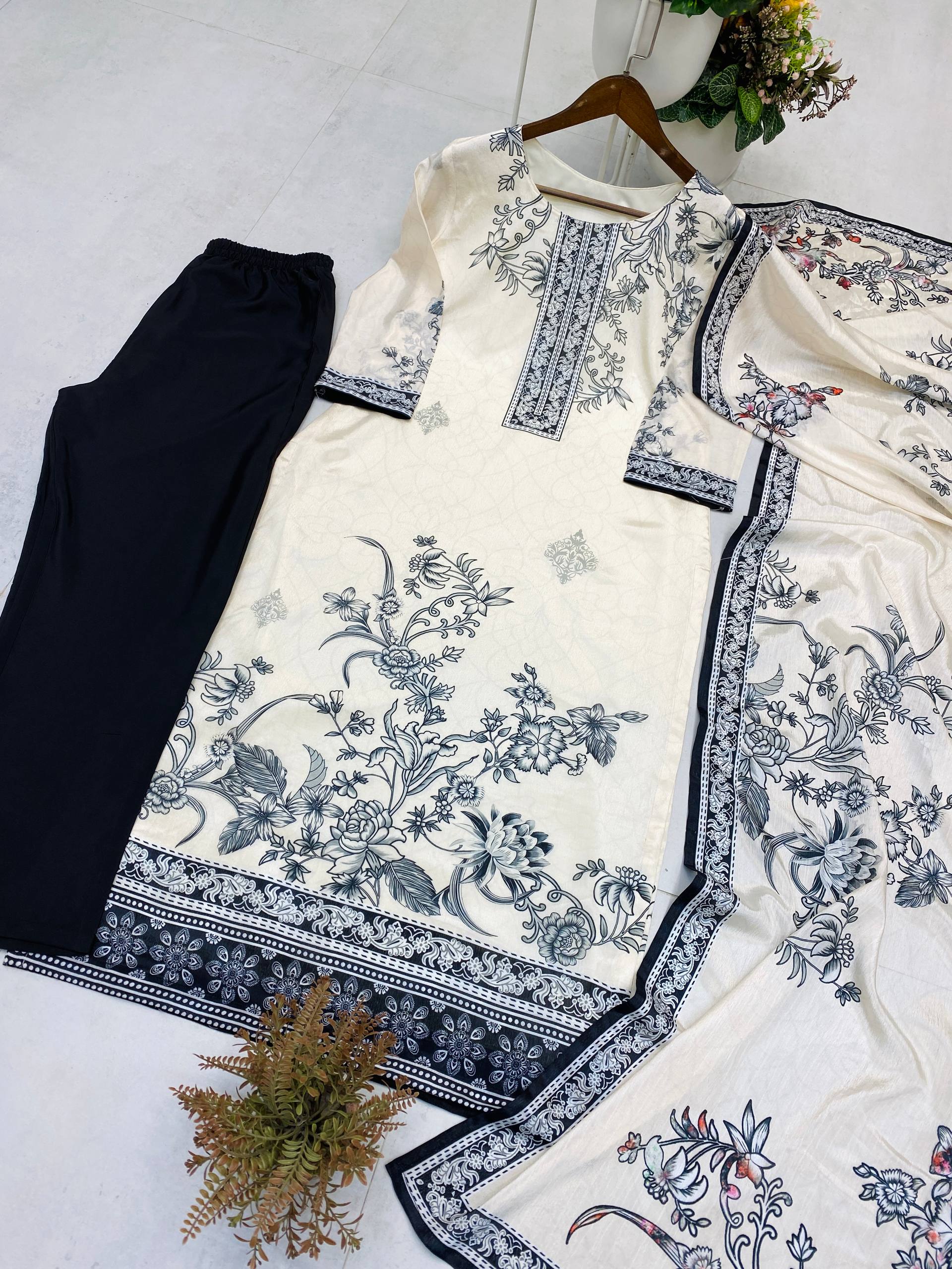 Chinon Printed Kurta Pant Set with Matching Dupatta – Elegant Designer Wear