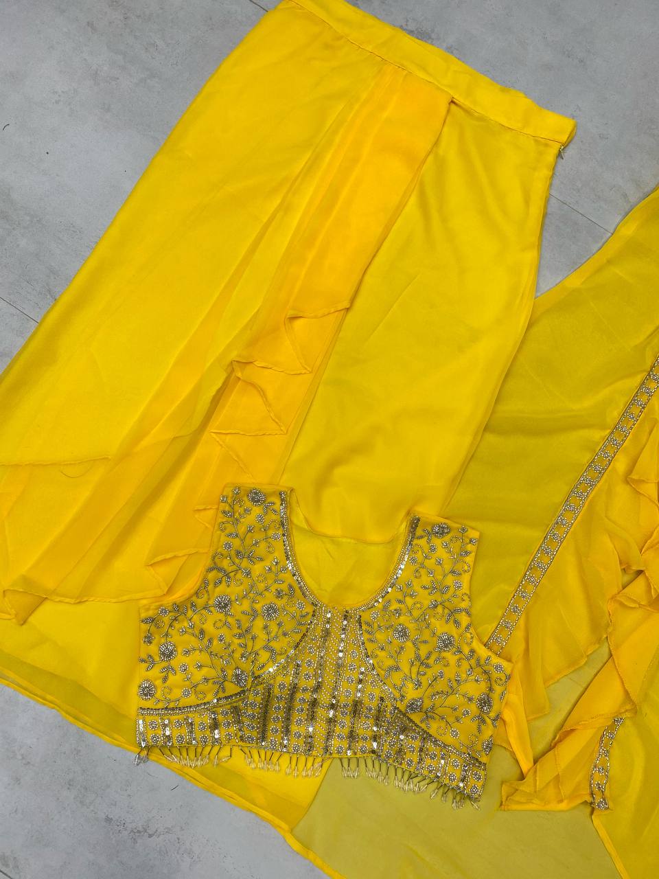 Trendy 3-Piece Western Dhoti Set with Embroidered Blouse & Koti – Perfect for Wedding Season