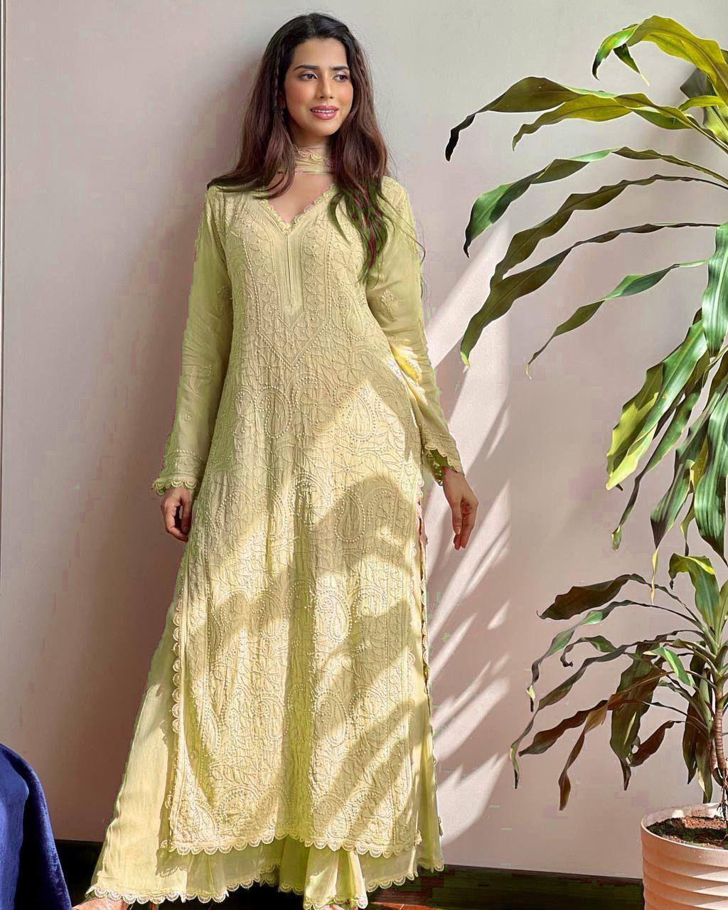 Trending Faux Georgette 3-Piece Set with Cotton Thread Embroidery & GPO Lace