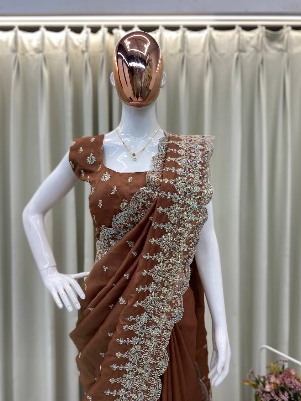 Designer Bridesmaid Saree in Cosmos Fabric with Heavy Sequence Embroidery & Cut Work | Ready-to-Wear Blouse