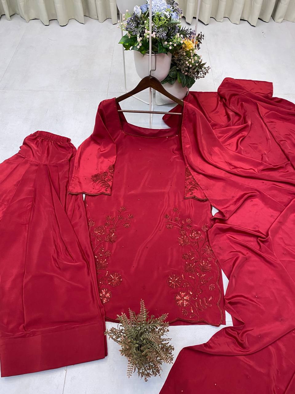 Trending 3-Piece Farsi Salwar Suit in Crepe Silk with Sequence Embroidery