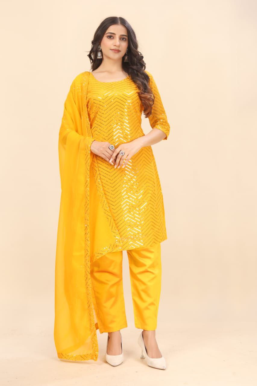 Soft Georgette Embroidered Kurta with Dupatta Set – Sequence Work | Sizes S to 3XL