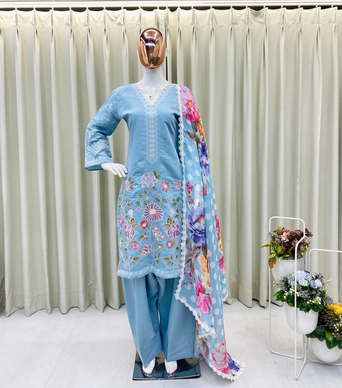 Premium 3-Piece Farsi Salwar Suit in Roman Silk with Heavy Embroidery & Organza Dupatta