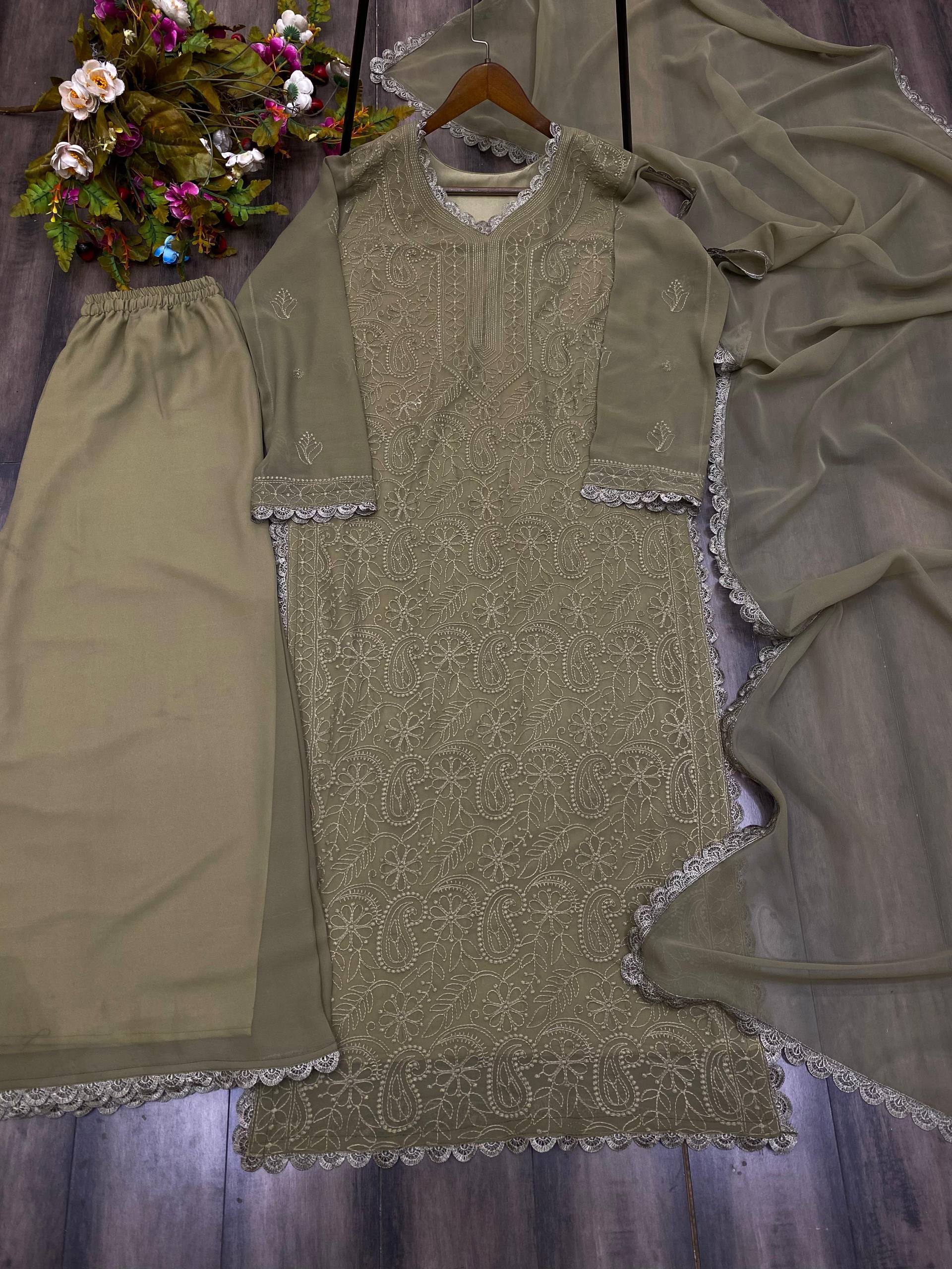 Trending Faux Georgette 3-Piece Set with Cotton Thread Embroidery & GPO Lace