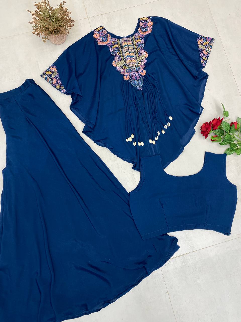 Trendy Indo-Western 3-Piece Set with Sequence Embroidery & Plazzo