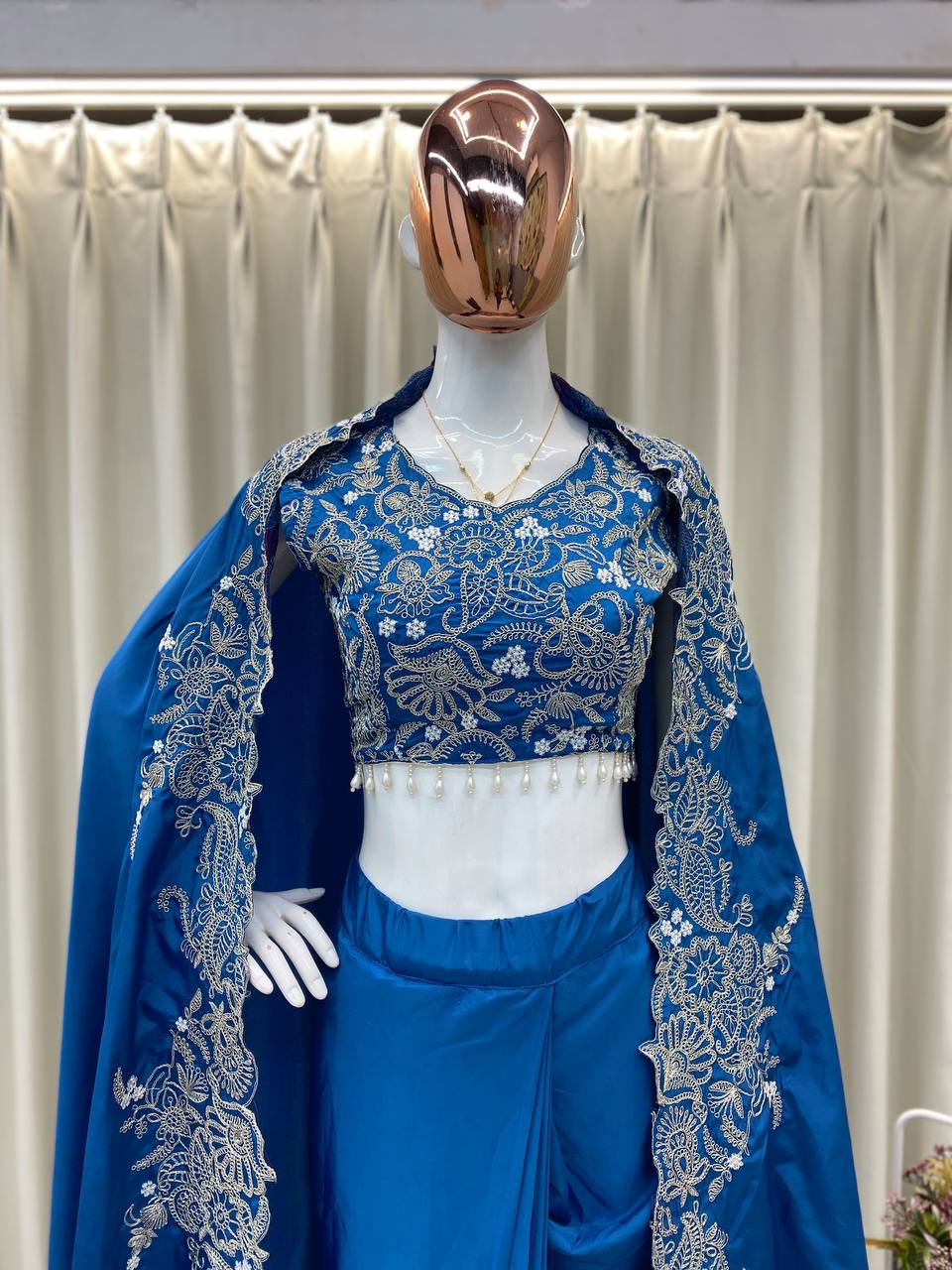 Indo-Western 3-Piece Draped Dhoti Set with Embroidered Blouse & Koti | French Crepe