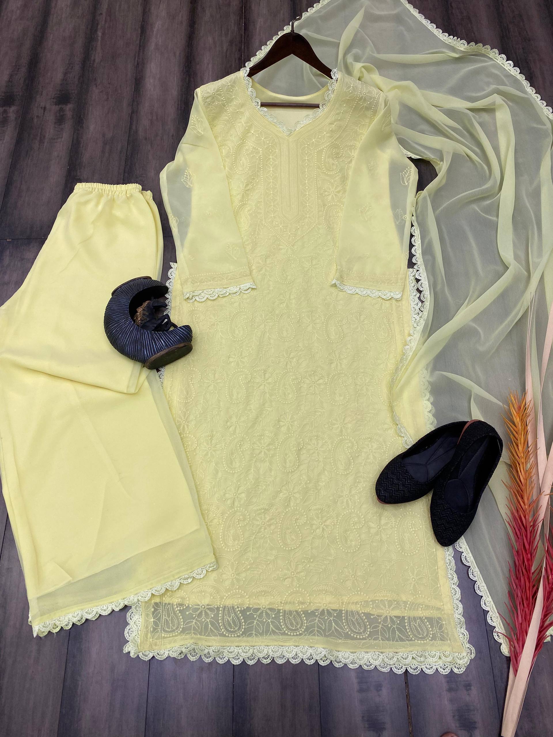 Trending Faux Georgette 3-Piece Set with Cotton Thread Embroidery & GPO Lace