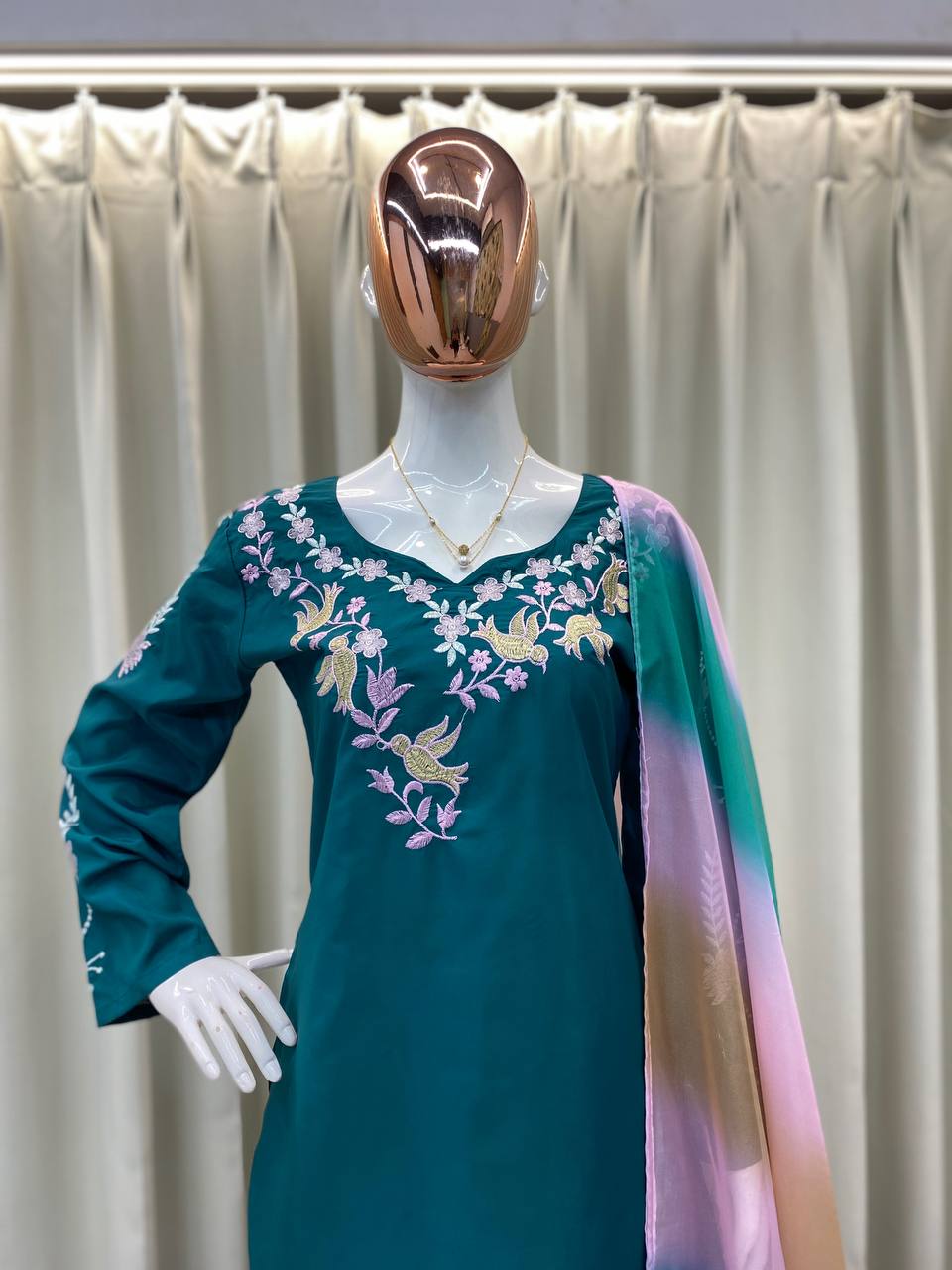 Stylish 3-Piece Farsi Salwar Suit in French Crepe with Embroidery & Organza Dupatta