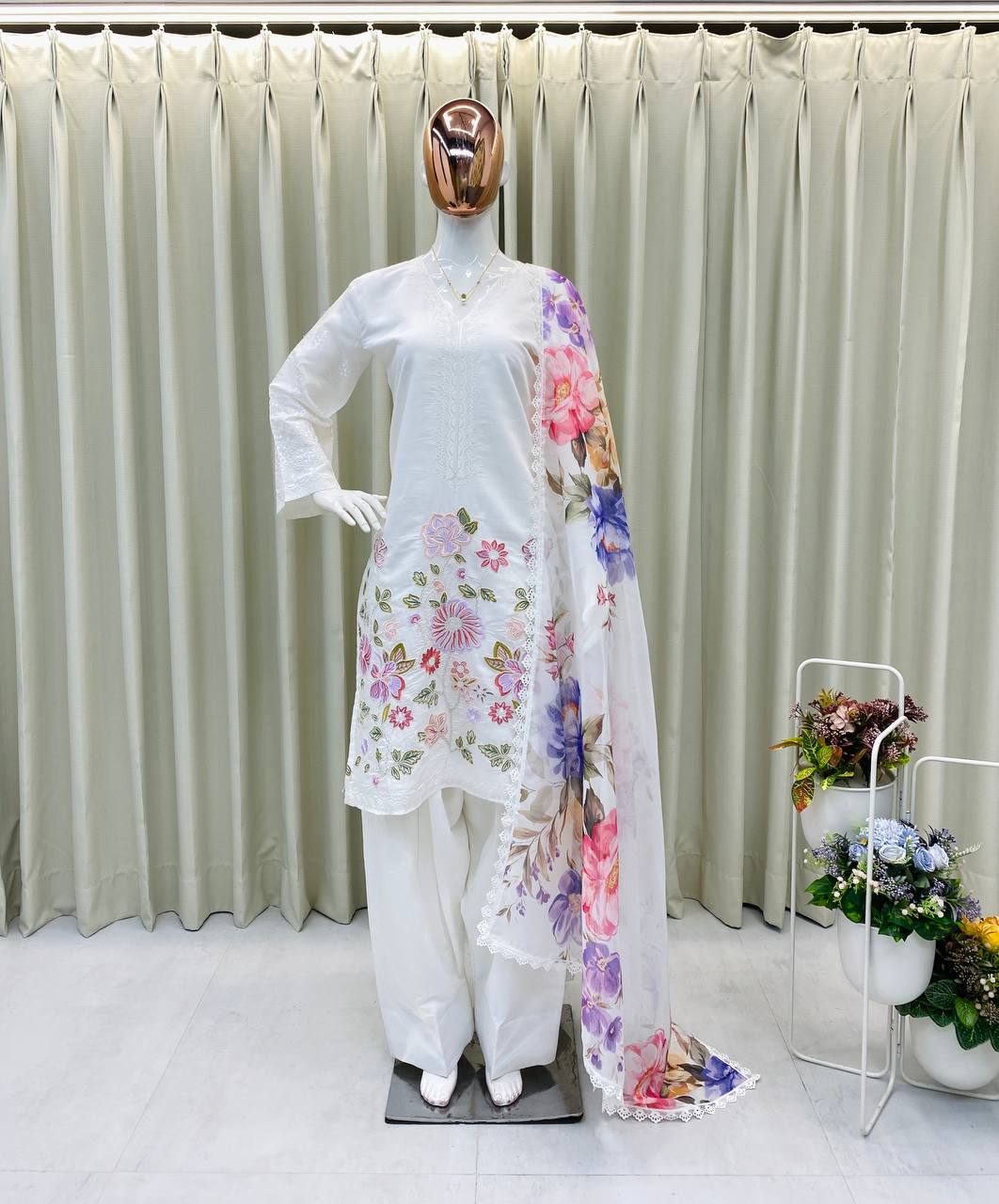 Premium 3-Piece Farsi Salwar Suit in Roman Silk with Heavy Embroidery & Organza Dupatta