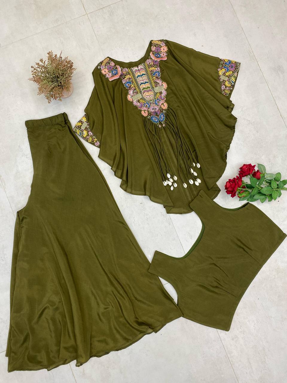 Trendy Indo-Western 3-Piece Set with Sequence Embroidery & Plazzo