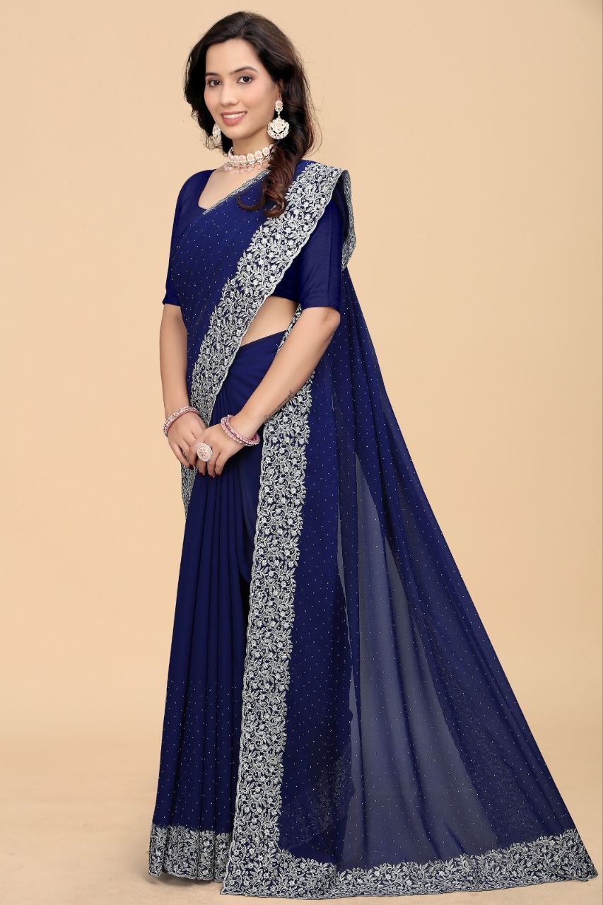 Elegant Self-Design Georgette Saree with Embroidery & Diamond Detailing