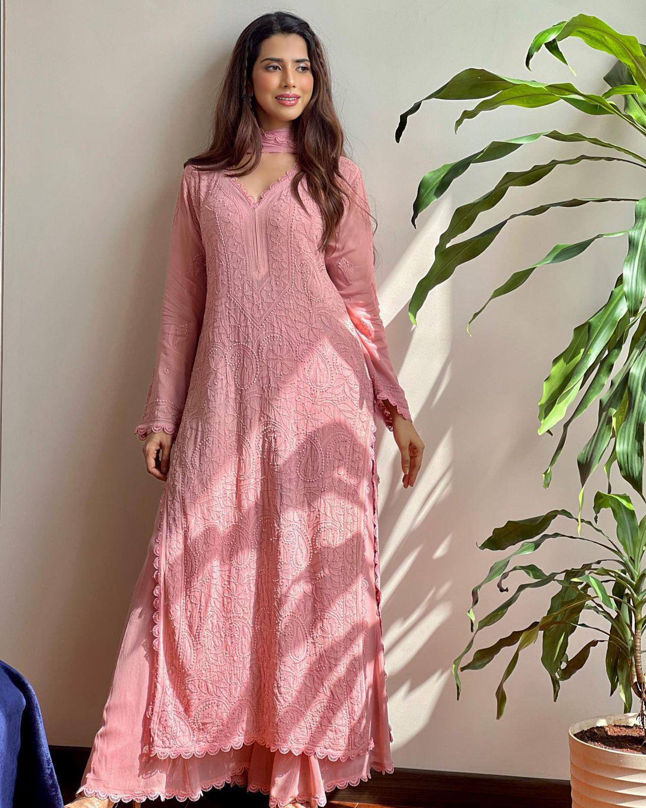 Trending Faux Georgette 3-Piece Set with Cotton Thread Embroidery & GPO Lace
