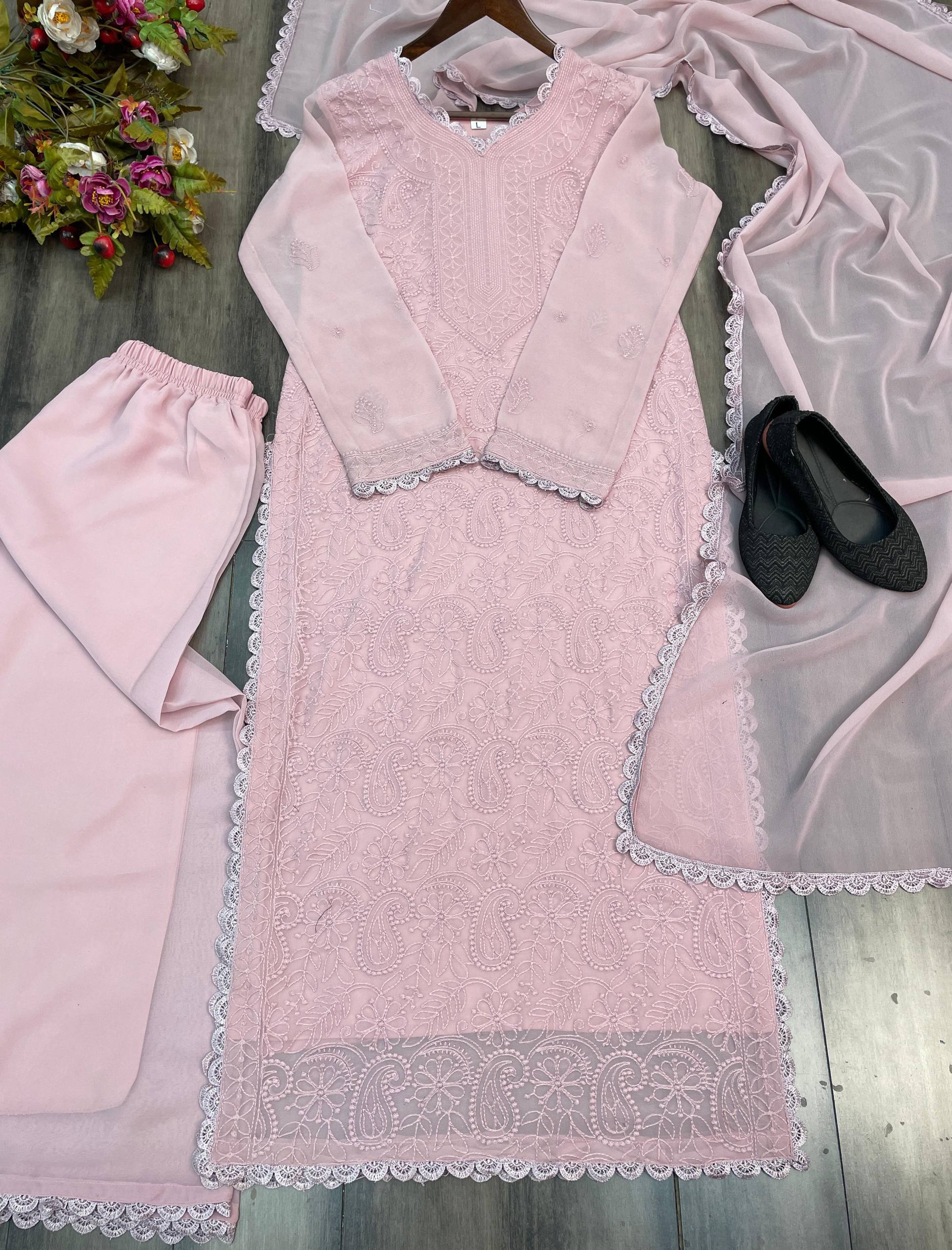 Trending Faux Georgette 3-Piece Set with Cotton Thread Embroidery & GPO Lace