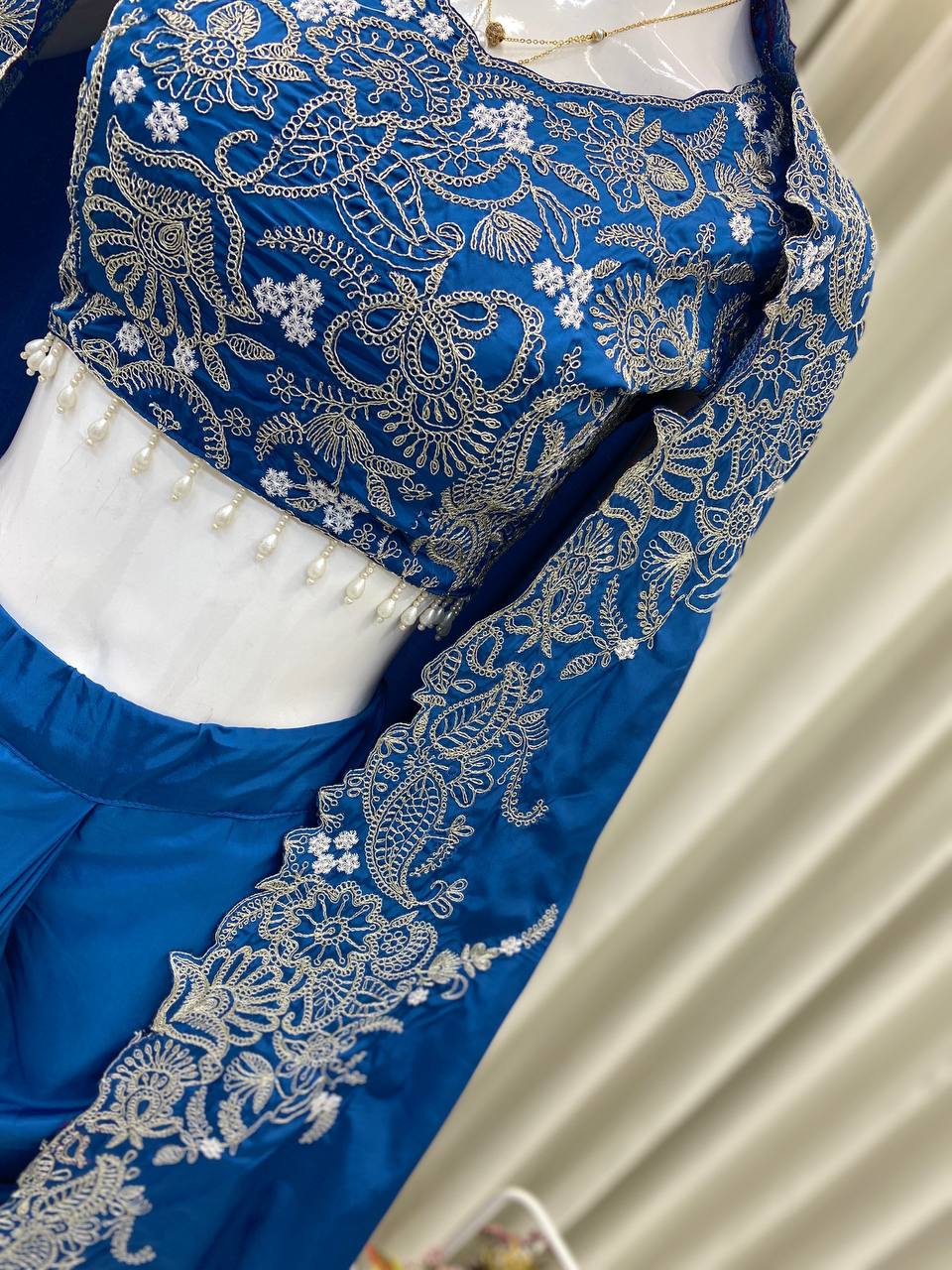 Indo-Western 3-Piece Draped Dhoti Set with Embroidered Blouse & Koti | French Crepe