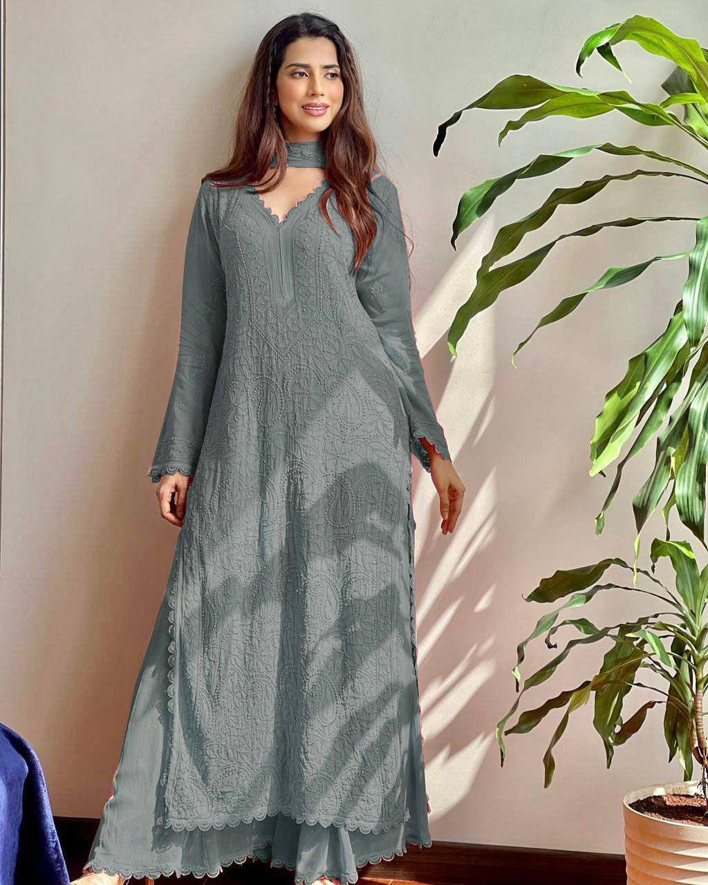 Trending Faux Georgette 3-Piece Set with Cotton Thread Embroidery & GPO Lace