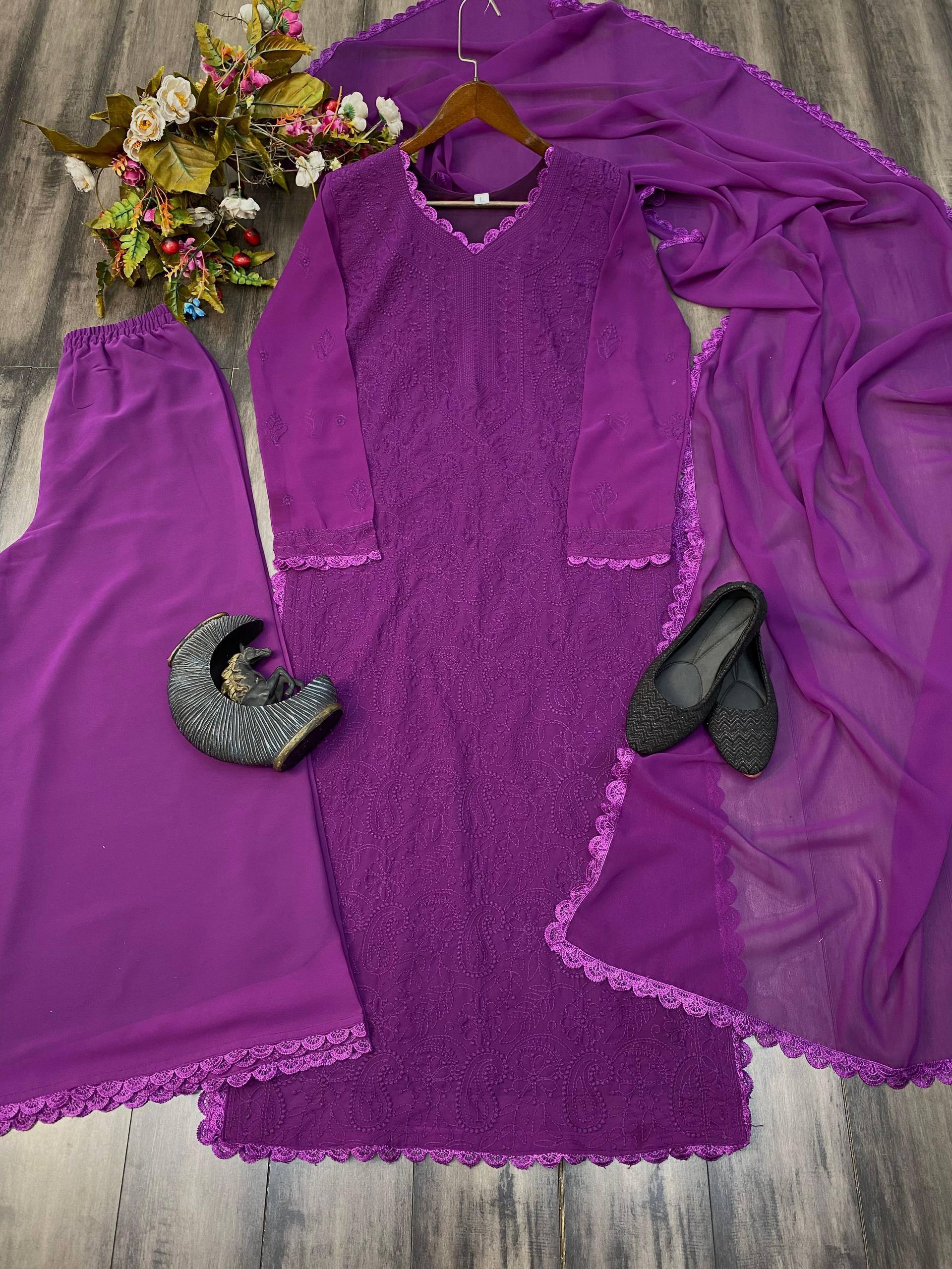 Trending Faux Georgette 3-Piece Set with Cotton Thread Embroidery & GPO Lace