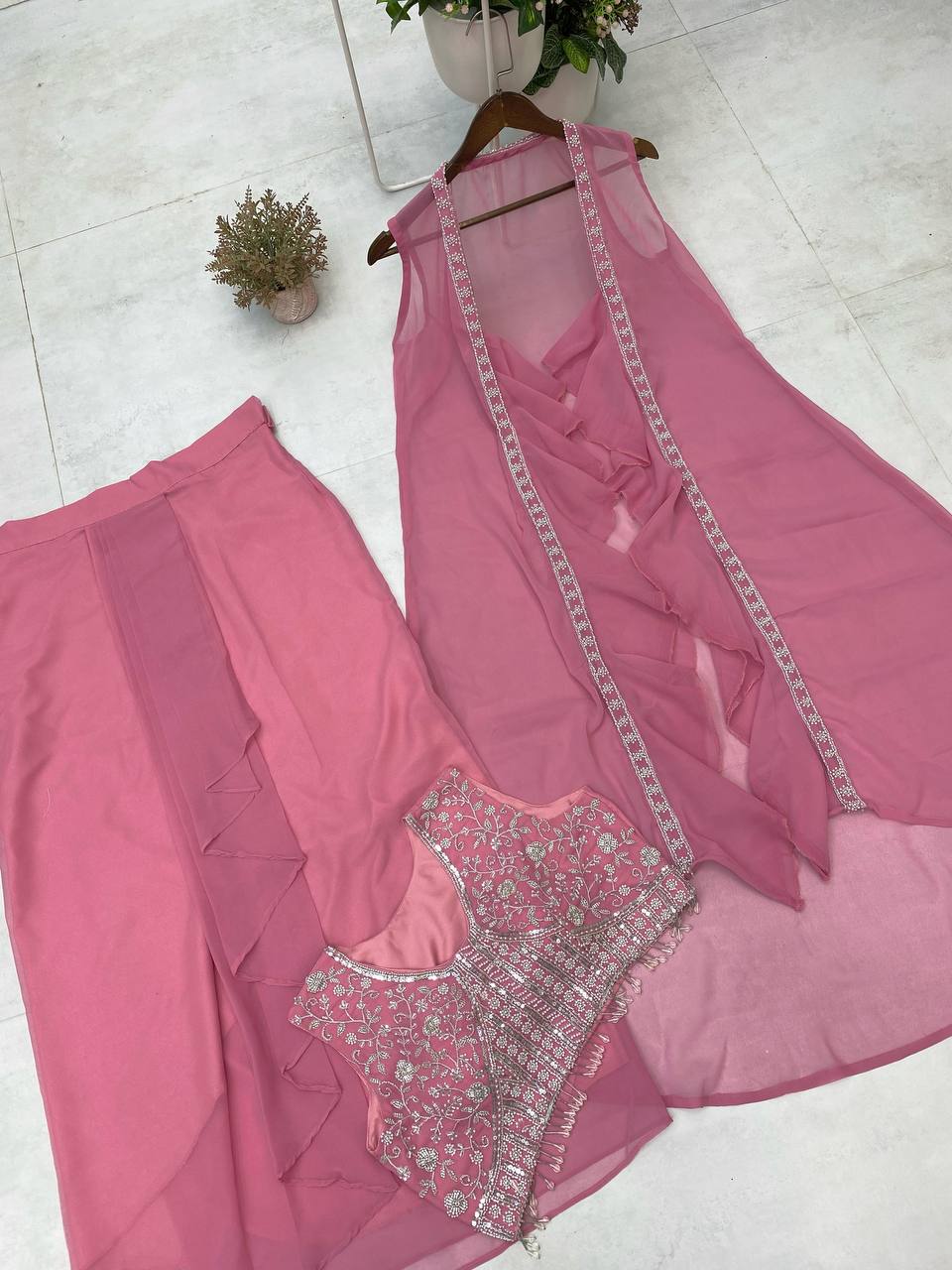 Trendy 3-Piece Western Dhoti Set with Embroidered Blouse & Koti – Perfect for Wedding Season