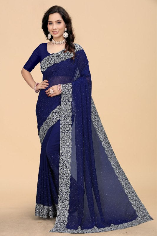 Elegant Self-Design Georgette Saree with Embroidery & Diamond Detailing