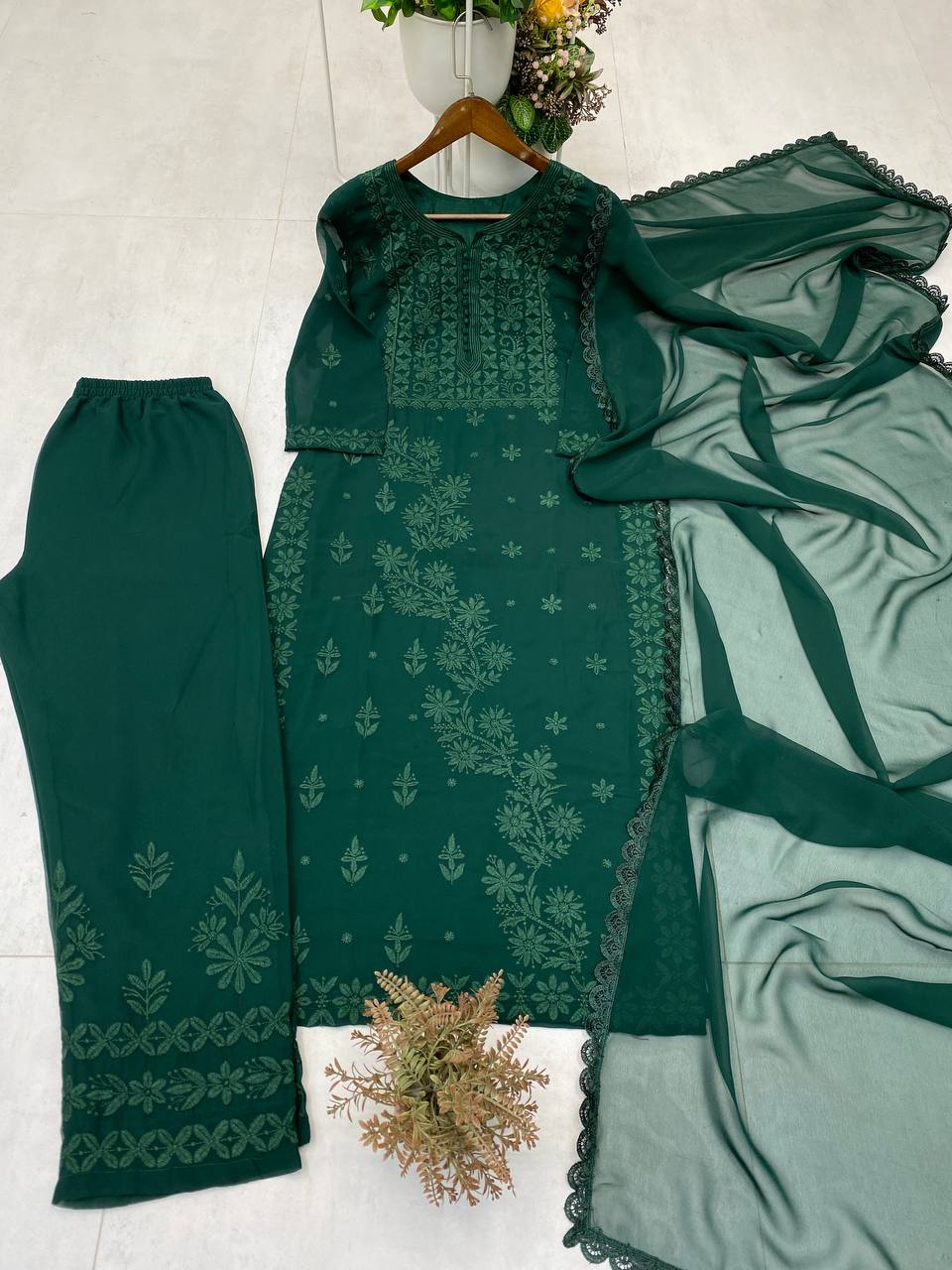 Exclusive Georgette Embroidered Suit Set with GPO Lace Dupatta