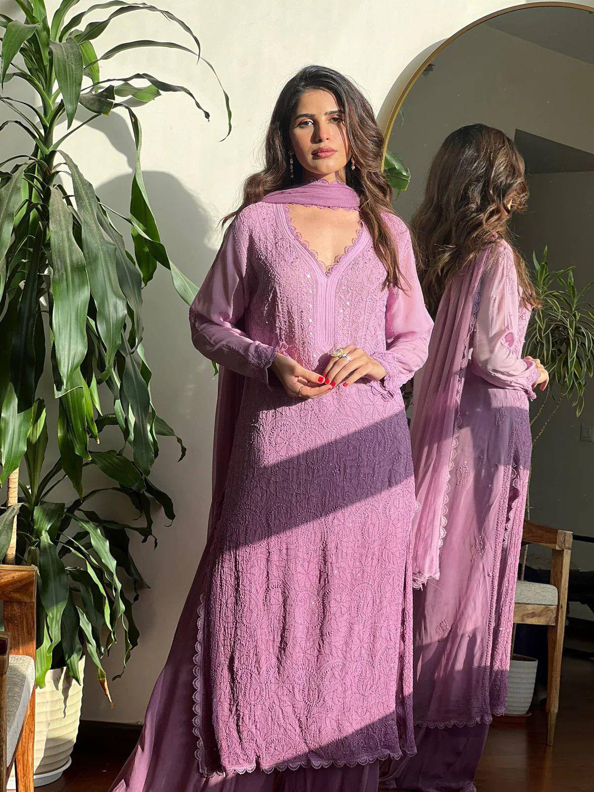 Trending Faux Georgette 3-Piece Set with Cotton Thread Embroidery & GPO Lace