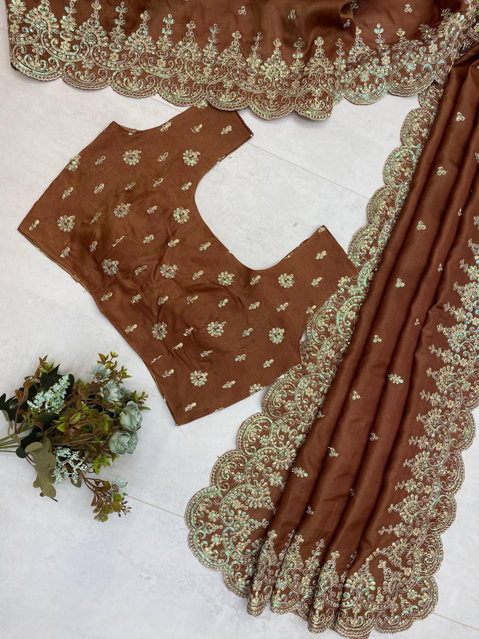 Designer Bridesmaid Saree in Cosmos Fabric with Heavy Sequence Embroidery & Cut Work | Ready-to-Wear Blouse