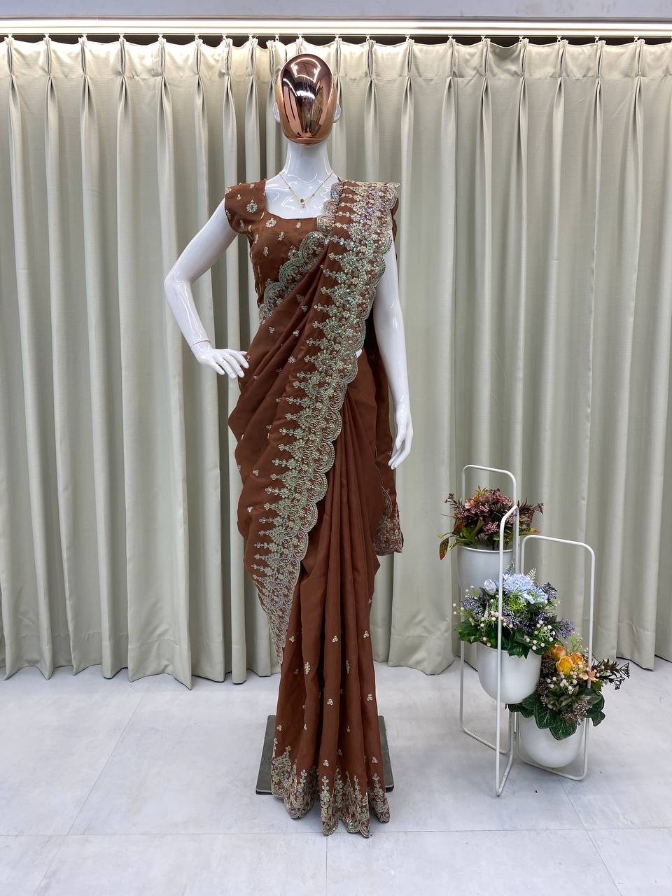 Designer Bridesmaid Saree in Cosmos Fabric with Heavy Sequence Embroidery & Cut Work | Ready-to-Wear Blouse