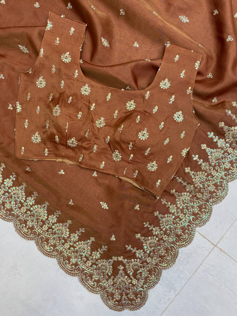Designer Bridesmaid Saree in Cosmos Fabric with Heavy Sequence Embroidery & Cut Work | Ready-to-Wear Blouse