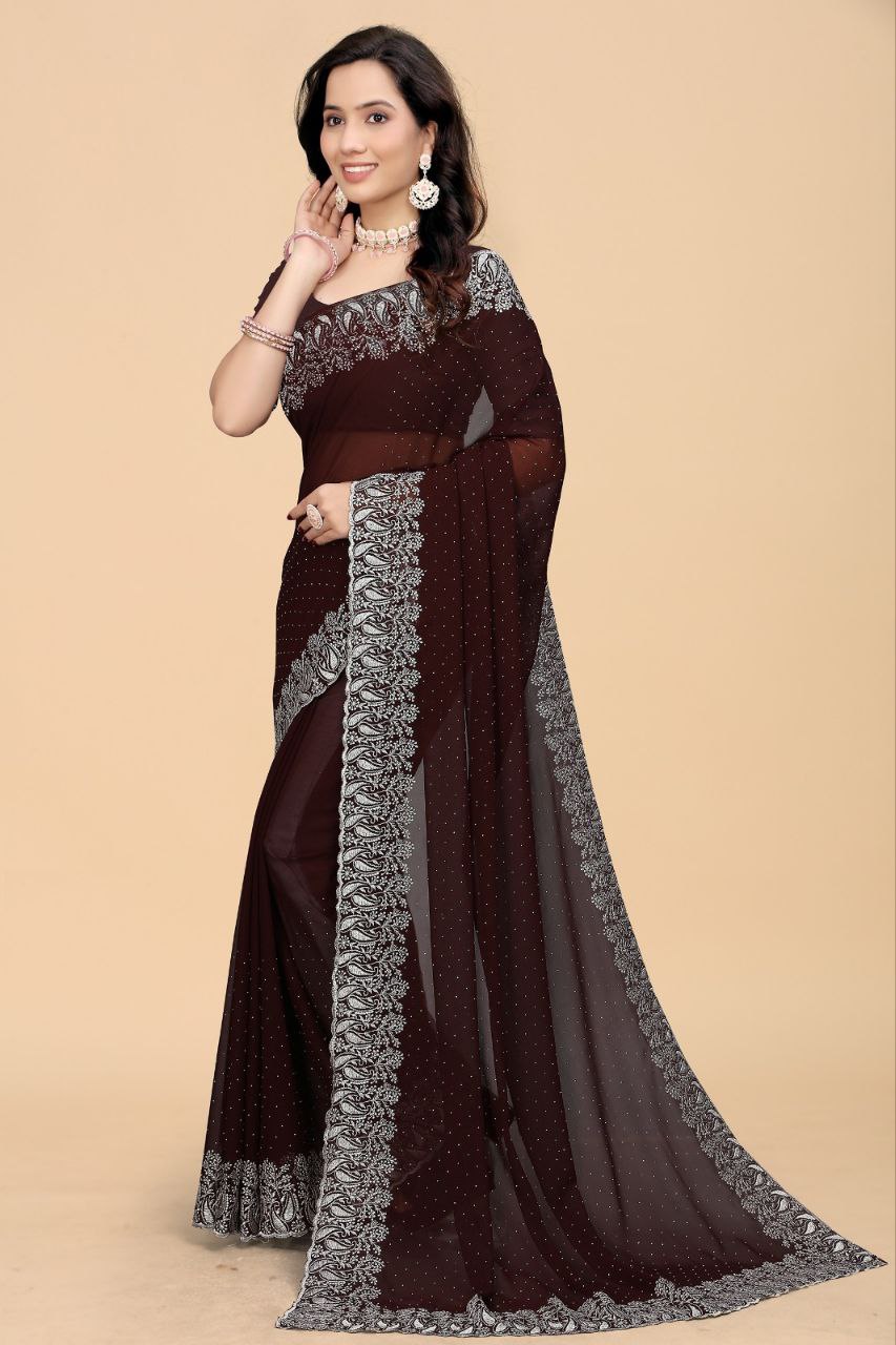 Graceful Georgette Saree with Embroidery, Cutwork Lace & Diamond Accents