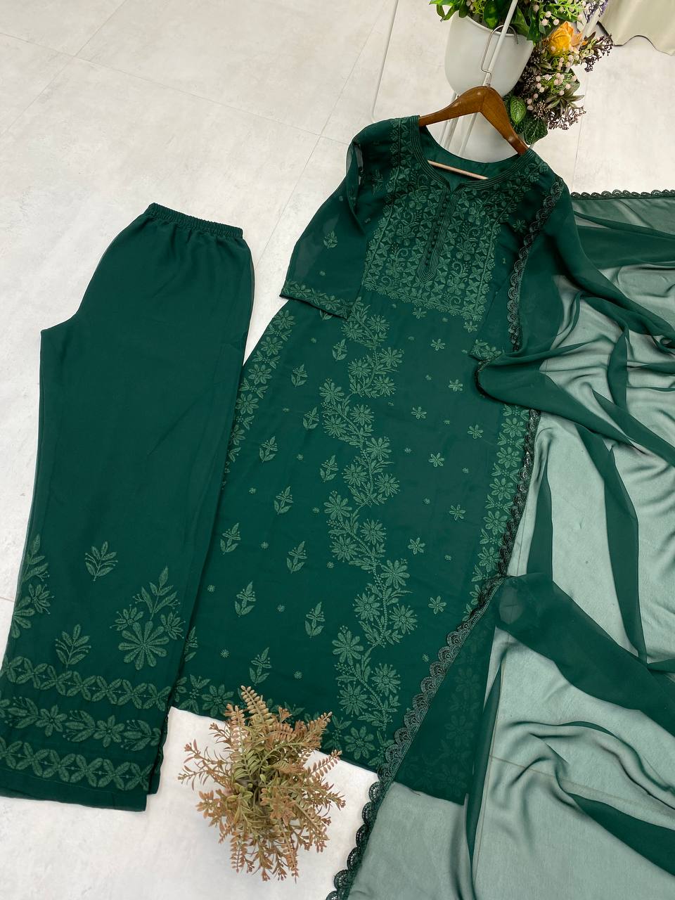 Exclusive Georgette Embroidered Suit Set with GPO Lace Dupatta