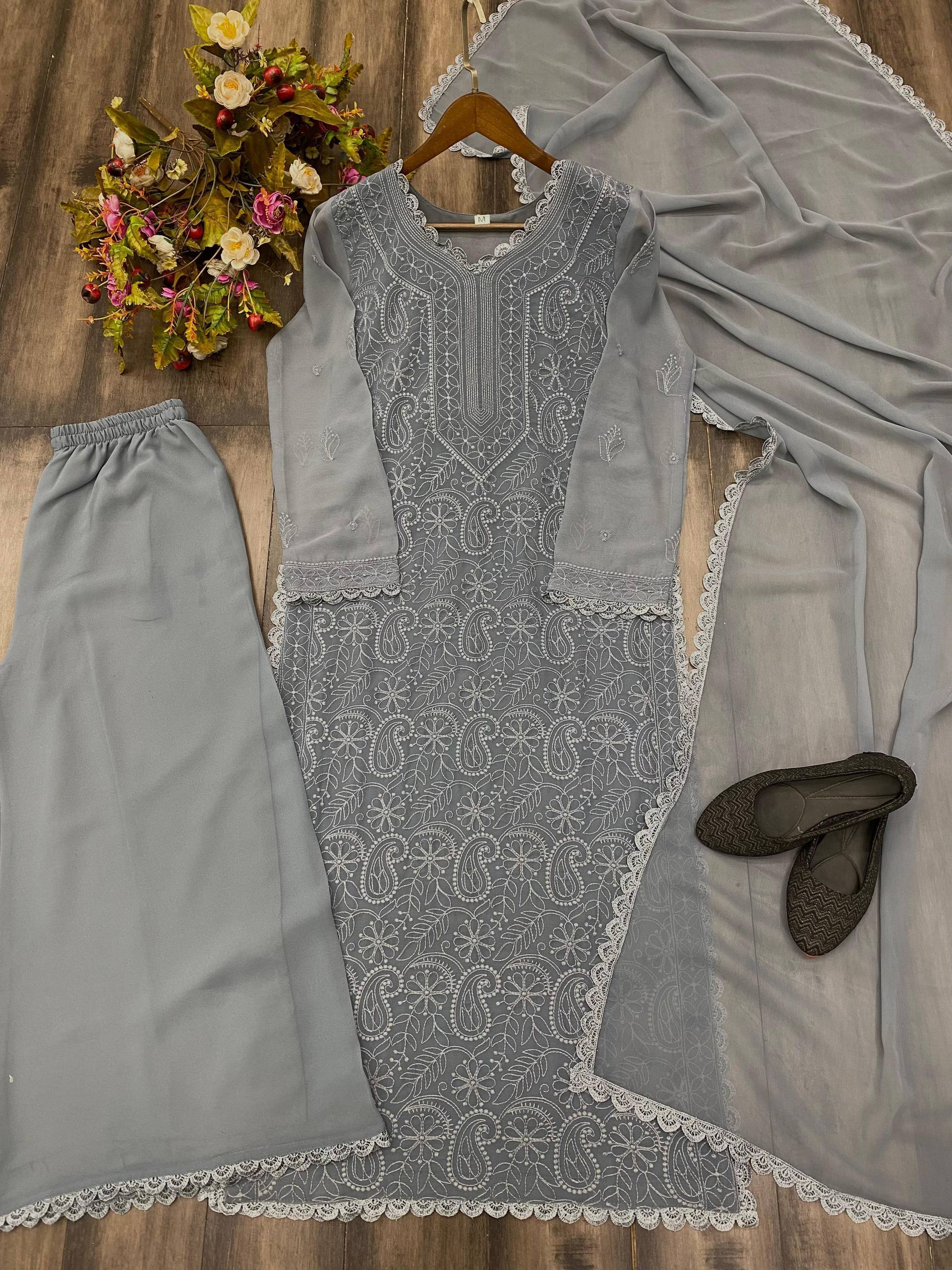 Trending Faux Georgette 3-Piece Set with Cotton Thread Embroidery & GPO Lace