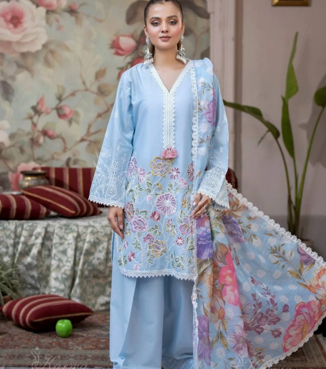 Premium 3-Piece Farsi Salwar Suit in Roman Silk with Heavy Embroidery & Organza Dupatta