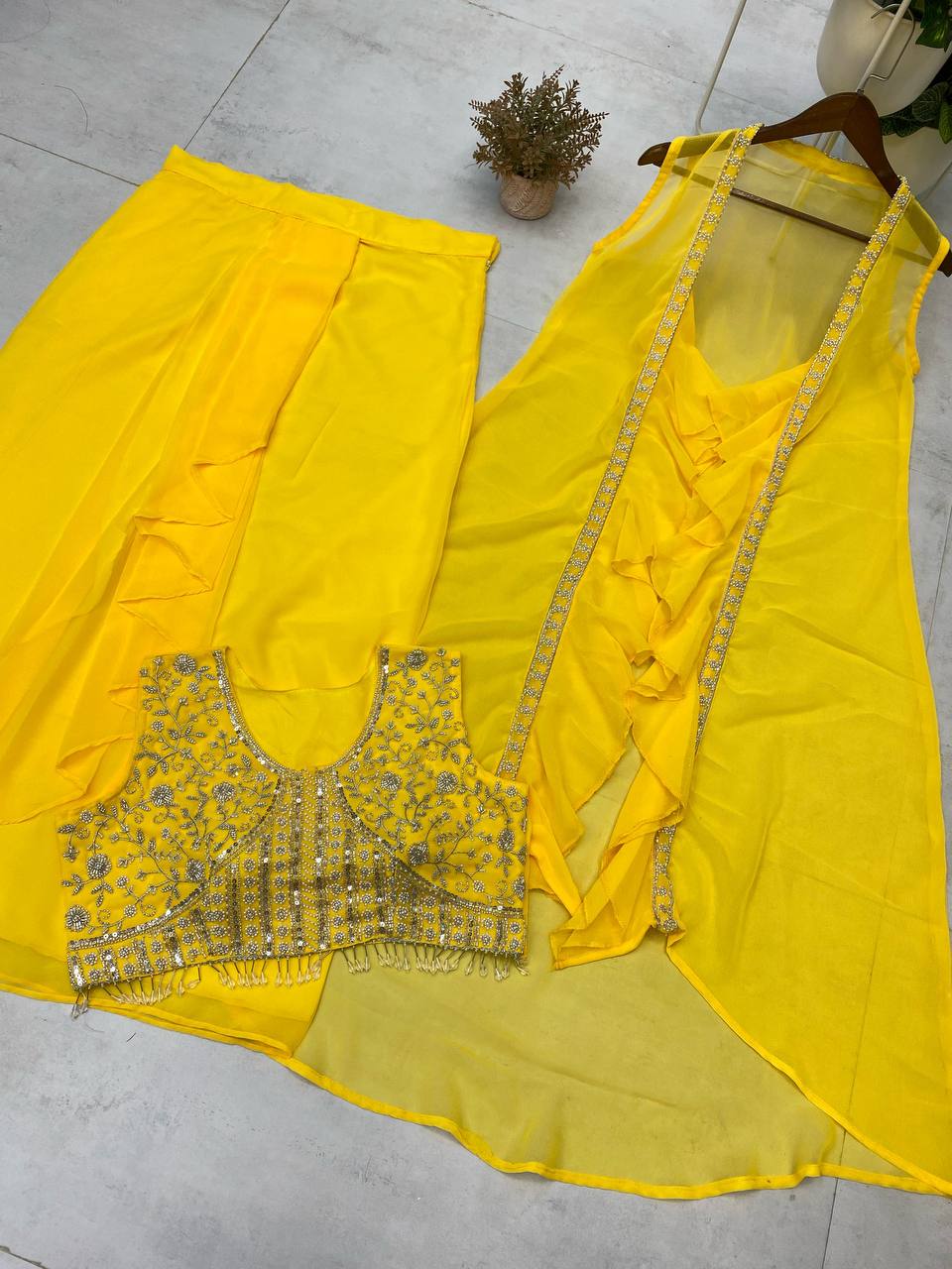 Trendy 3-Piece Western Dhoti Set with Embroidered Blouse & Koti – Perfect for Wedding Season