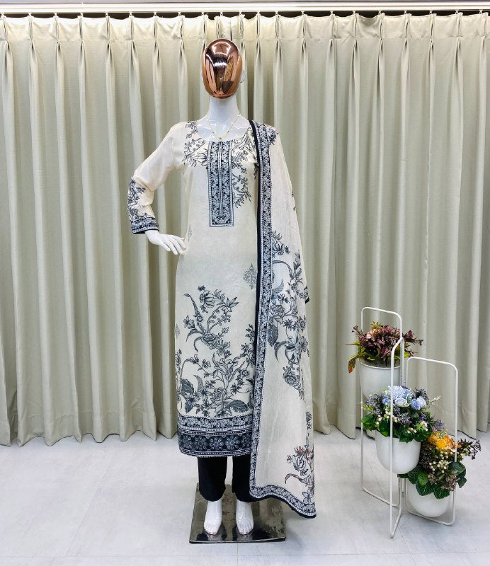 Chinon Printed Kurta Pant Set with Matching Dupatta – Elegant Designer Wear