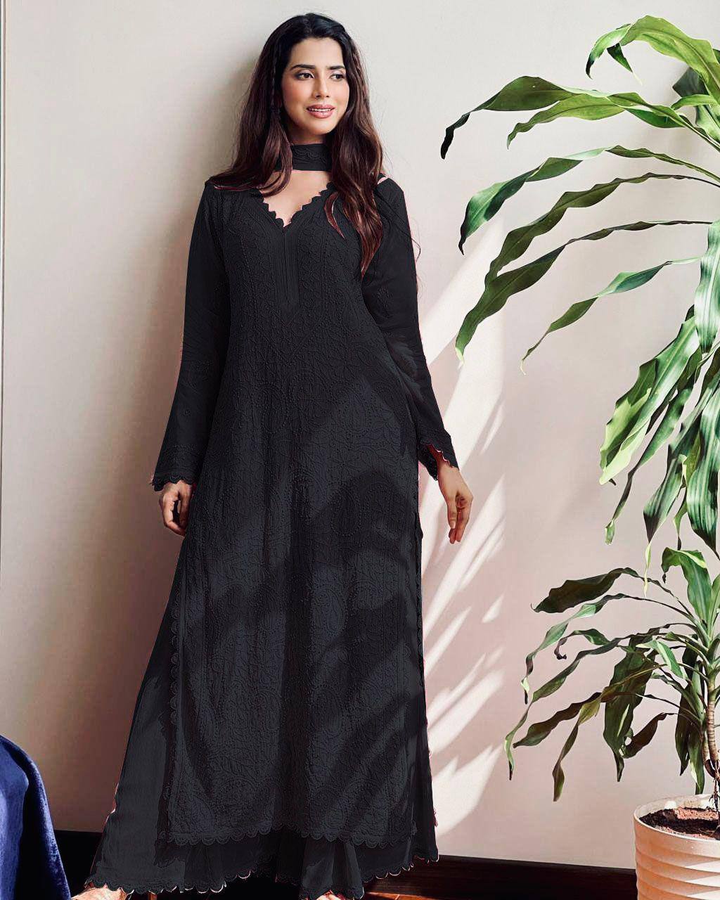 Trending Faux Georgette 3-Piece Set with Cotton Thread Embroidery & GPO Lace