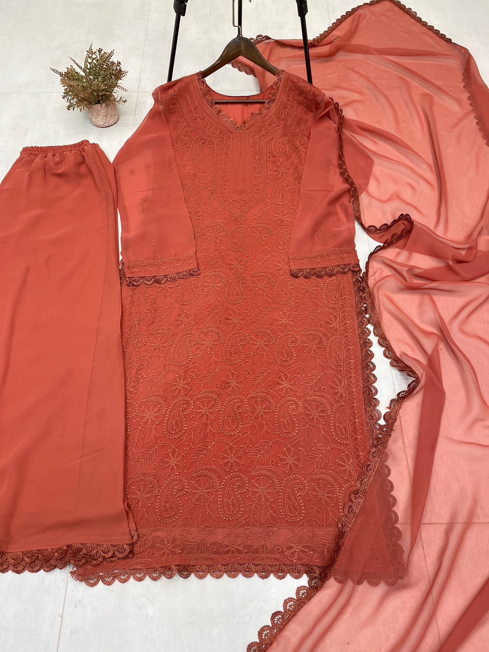 Trending Faux Georgette 3-Piece Set with Cotton Thread Embroidery & GPO Lace