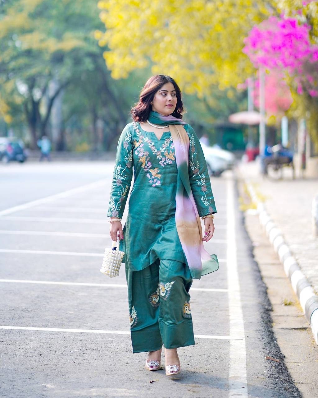 Stylish 3-Piece Farsi Salwar Suit in French Crepe with Embroidery & Organza Dupatta