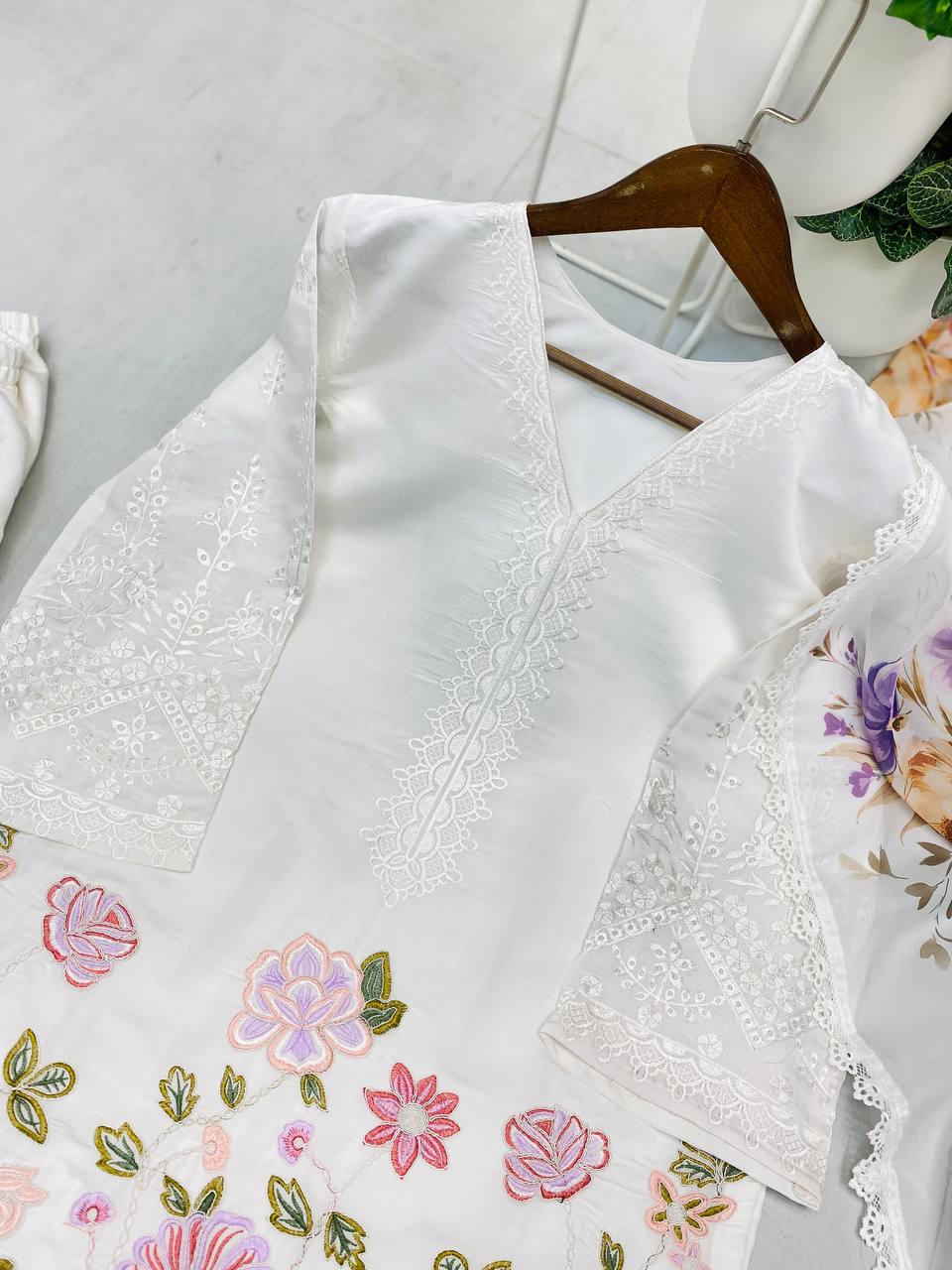 Premium 3-Piece Farsi Salwar Suit in Roman Silk with Heavy Embroidery & Organza Dupatta