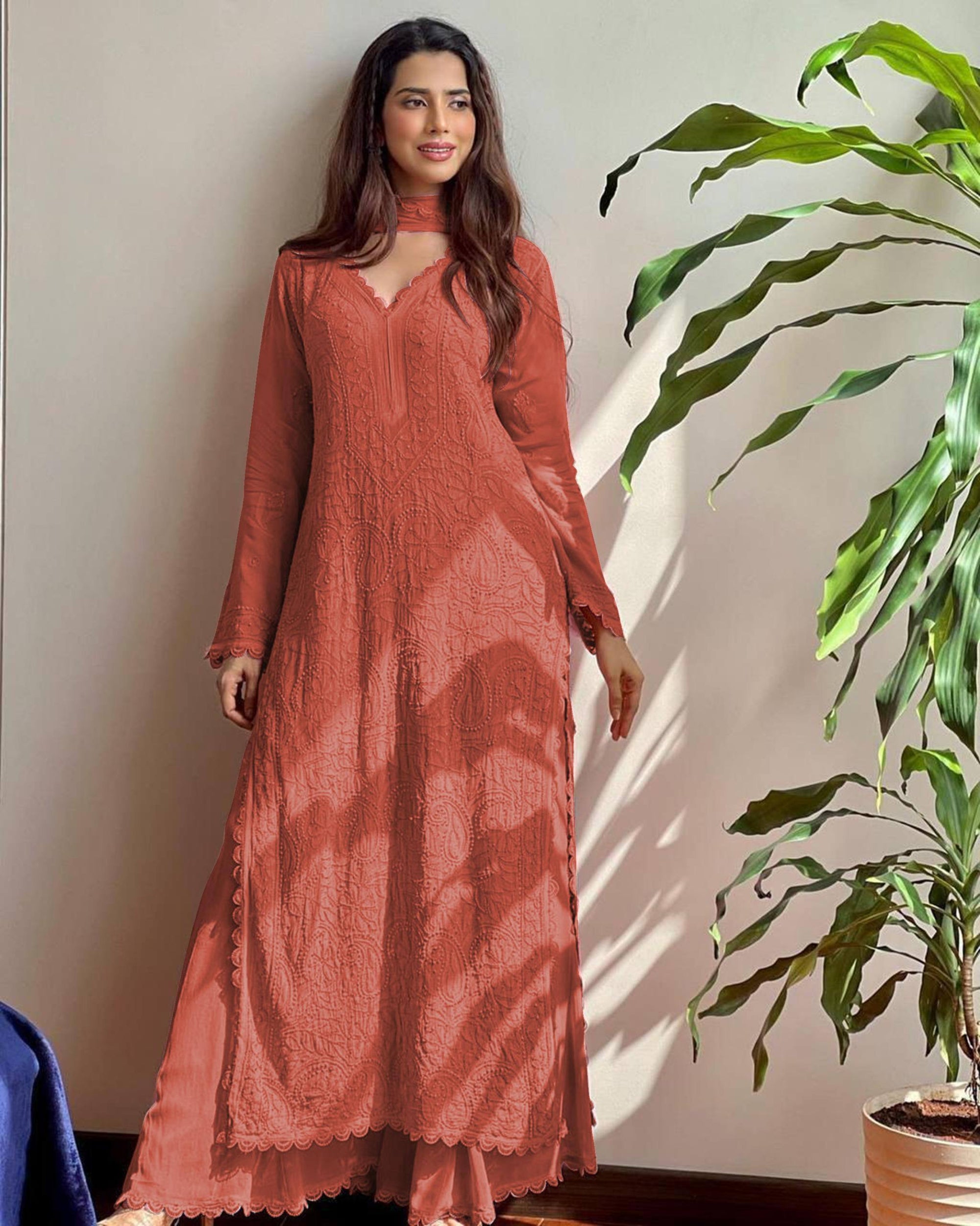 Trending Faux Georgette 3-Piece Set with Cotton Thread Embroidery & GPO Lace
