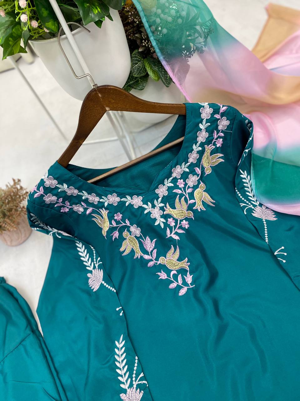 Stylish 3-Piece Farsi Salwar Suit in French Crepe with Embroidery & Organza Dupatta