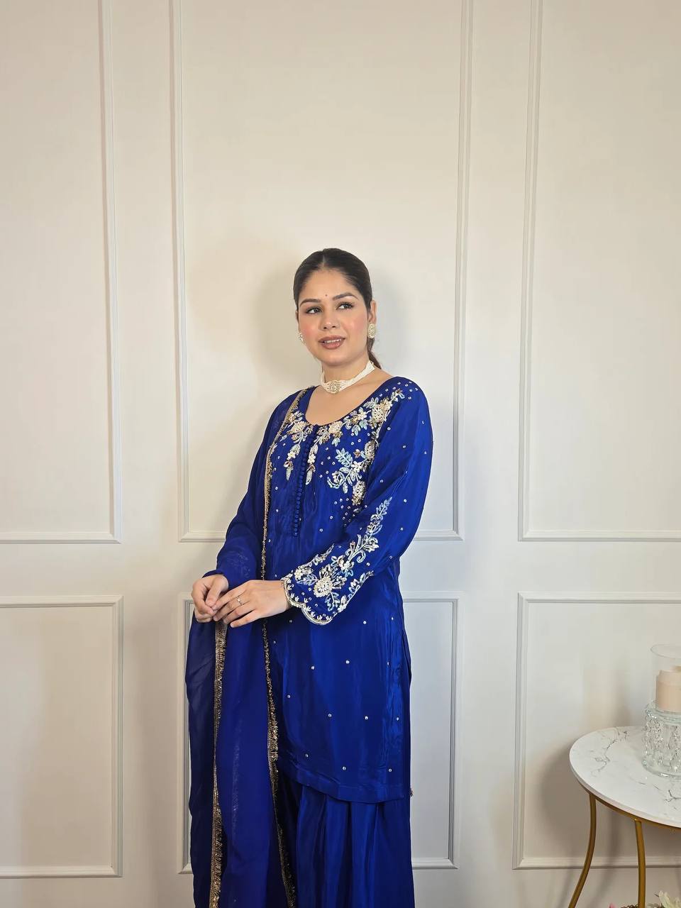 Designer 3-Piece Farsi Salwar Suit in French Crepe with Embroidery Work